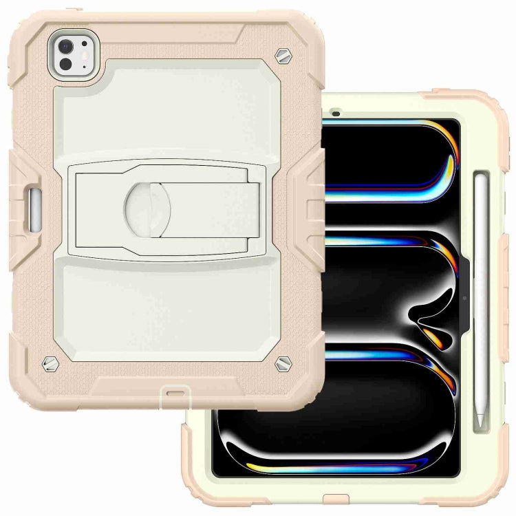 For iPad Pro 11 2024 Silicone Hydric PC Tablet Case with Shoulder Strap & Holder(Beige Rose Gold)