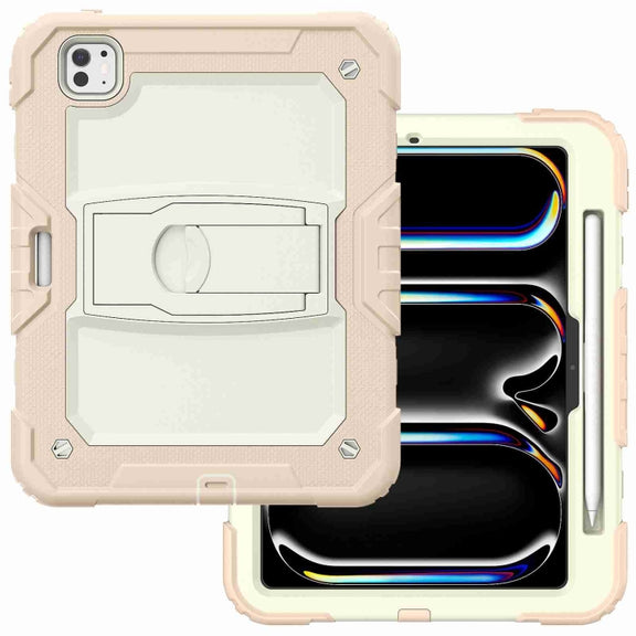 For iPad Pro 11 2024 Silicone Hydric PC Tablet Case with Shoulder Strap & Holder(Beige Rose Gold)