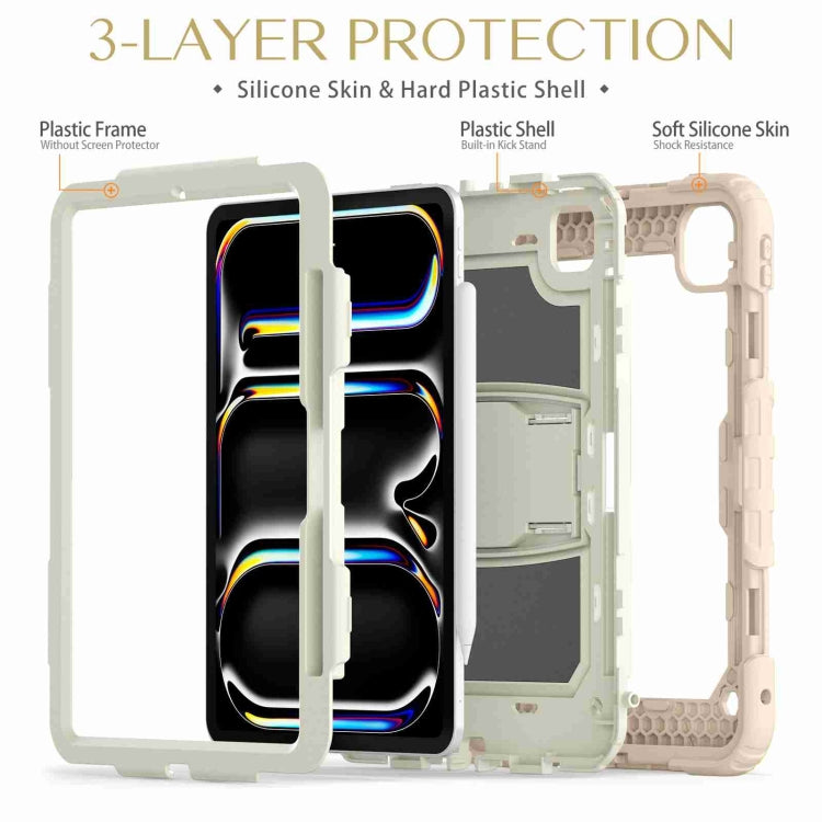 For iPad Pro 11 2024 Silicone Hydric PC Tablet Case with Shoulder Strap & Holder(Beige Rose Gold)