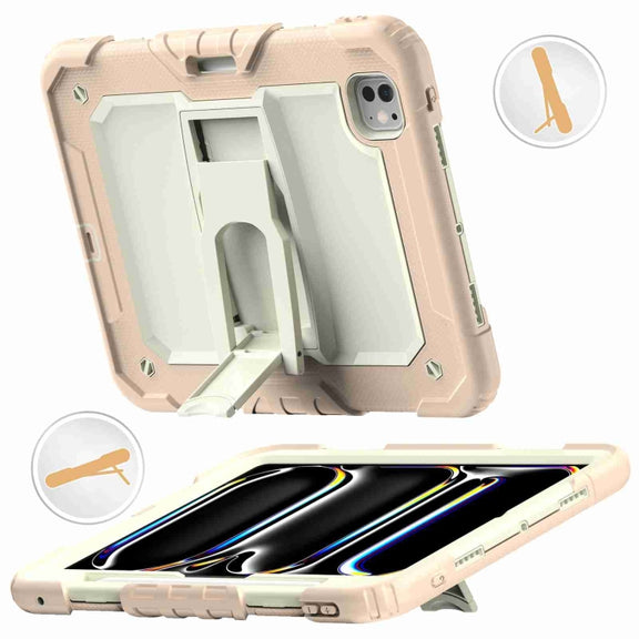 For iPad Pro 11 2024 Silicone Hydric PC Tablet Case with Shoulder Strap & Holder(Beige Rose Gold)