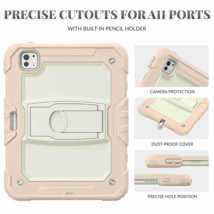 For iPad Pro 11 2024 Silicone Hydric PC Tablet Case with Shoulder Strap & Holder(Beige Rose Gold)