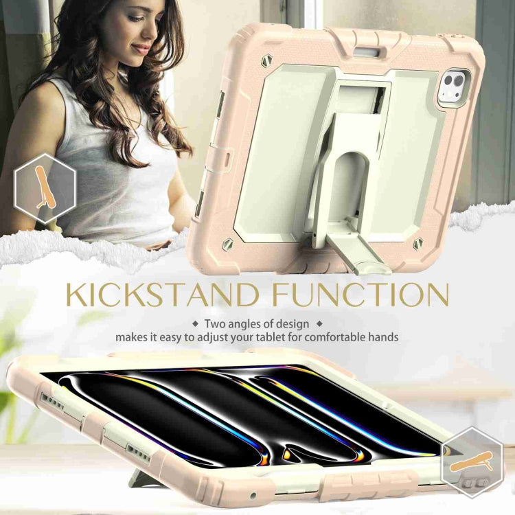 For iPad Pro 11 2024 Silicone Hydric PC Tablet Case with Shoulder Strap & Holder(Beige Rose Gold)
