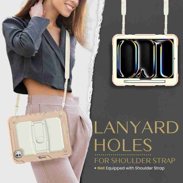 For iPad Pro 11 2024 Silicone Hydric PC Tablet Case with Shoulder Strap & Holder(Beige Rose Gold)