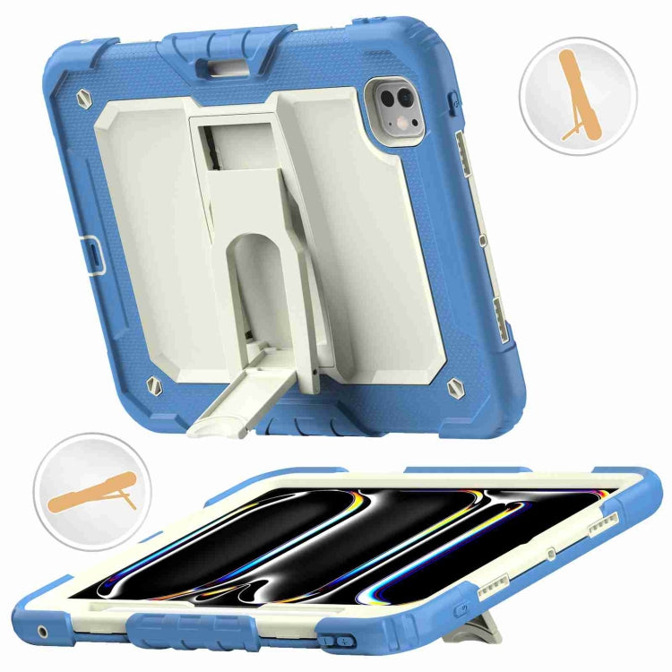 For iPad Pro 11 2024 Silicone Hydric PC Tablet Case with Shoulder Strap & Holder(Beige Cyan-blue)