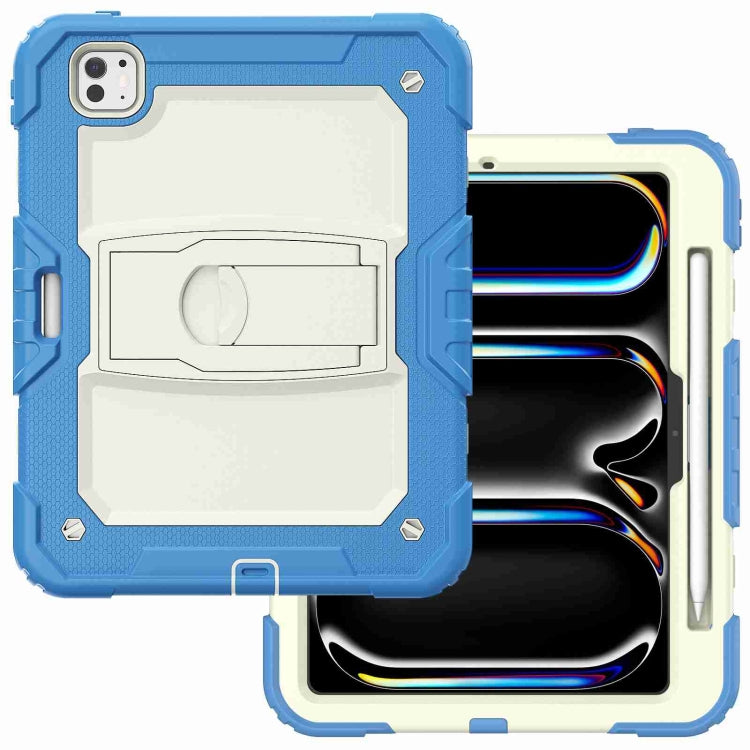 For iPad Pro 11 2024 Silicone Hydric PC Tablet Case with Shoulder Strap & Holder(Beige Cyan-blue)