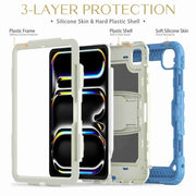 For iPad Pro 11 2024 Silicone Hydric PC Tablet Case with Shoulder Strap & Holder(Beige Cyan-blue)