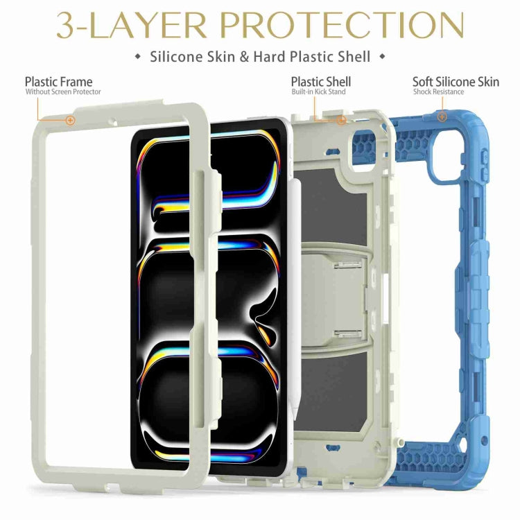 For iPad Pro 11 2024 Silicone Hydric PC Tablet Case with Shoulder Strap & Holder(Beige Cyan-blue)