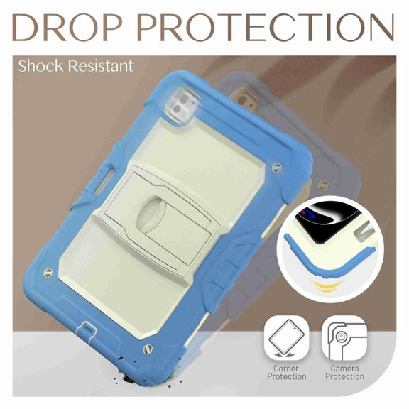For iPad Pro 11 2024 Silicone Hydric PC Tablet Case with Shoulder Strap & Holder(Beige Cyan-blue)