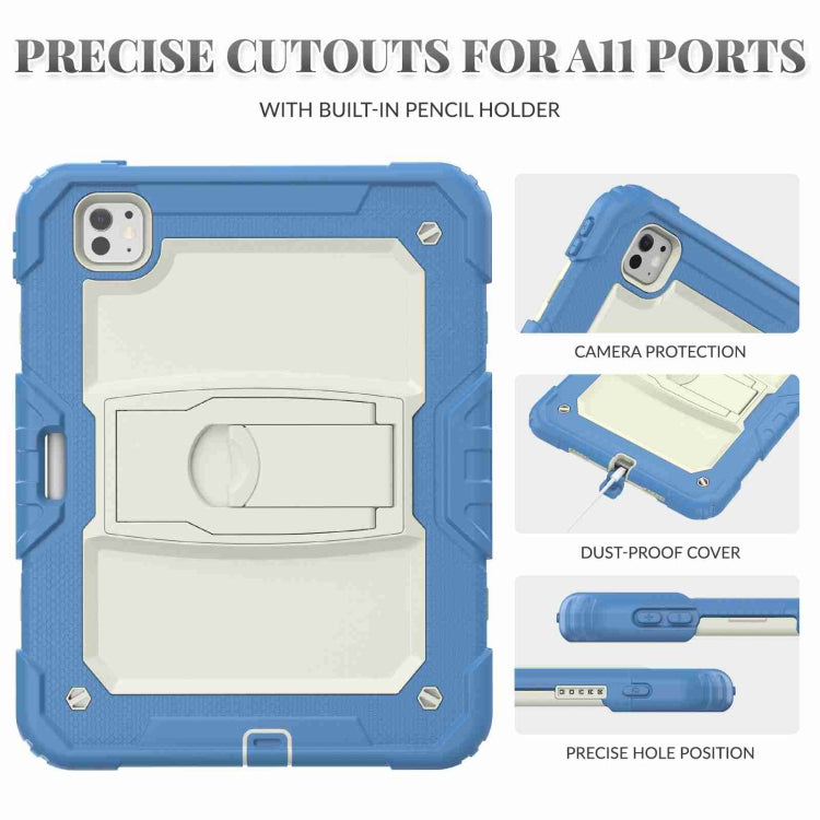 For iPad Pro 11 2024 Silicone Hydric PC Tablet Case with Shoulder Strap & Holder(Beige Cyan-blue)