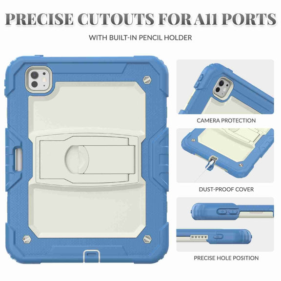 For iPad Pro 11 2024 Silicone Hydric PC Tablet Case with Shoulder Strap & Holder(Beige Cyan-blue)