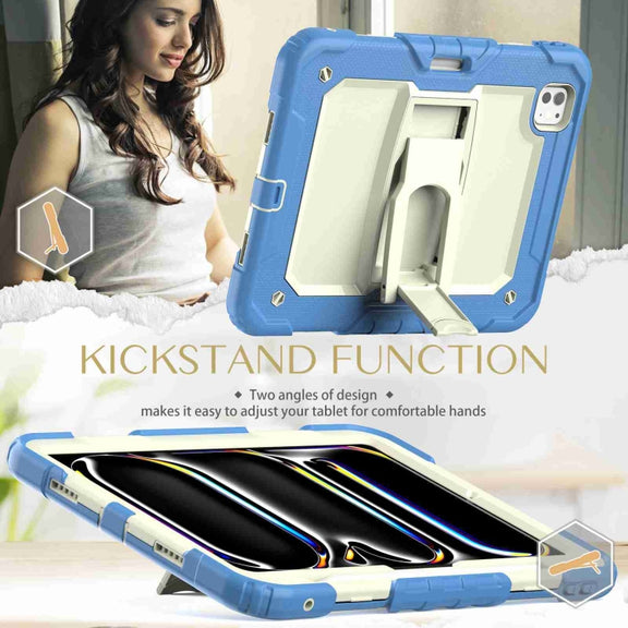 For iPad Pro 11 2024 Silicone Hydric PC Tablet Case with Shoulder Strap & Holder(Beige Cyan-blue)