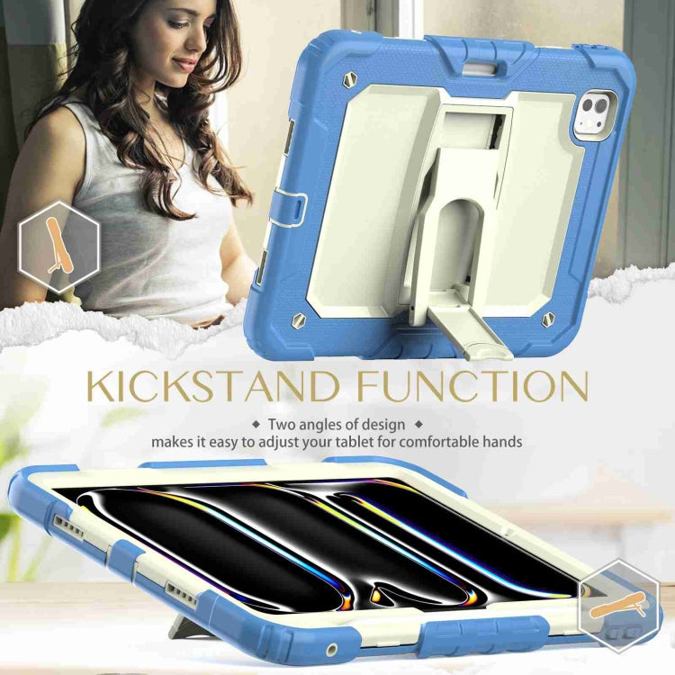 For iPad Pro 11 2024 Silicone Hydric PC Tablet Case with Shoulder Strap & Holder(Beige Cyan-blue)
