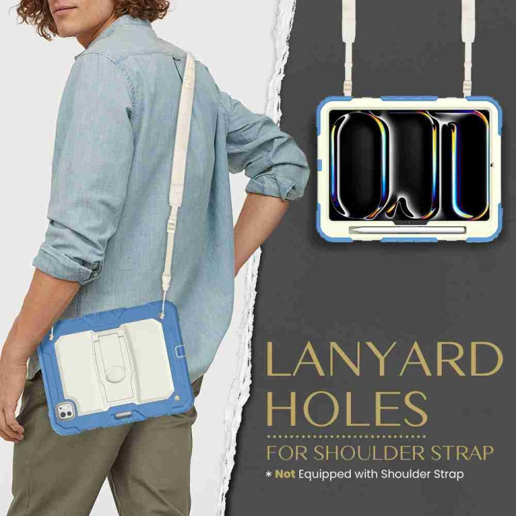 For iPad Pro 11 2024 Silicone Hydric PC Tablet Case with Shoulder Strap & Holder(Beige Cyan-blue)
