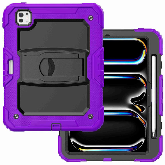 For iPad Pro 11 2024 Silicone Hydric PC Tablet Case with Shoulder Strap & Holder(Purple)