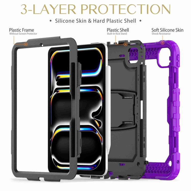 For iPad Pro 11 2024 Silicone Hydric PC Tablet Case with Shoulder Strap & Holder(Purple)