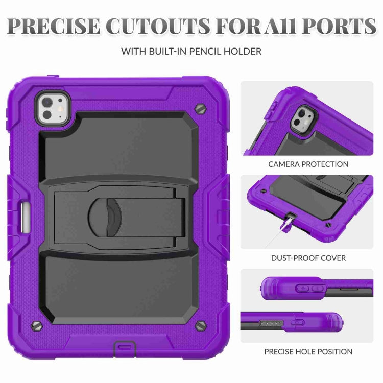 For iPad Pro 11 2024 Silicone Hydric PC Tablet Case with Shoulder Strap & Holder(Purple)