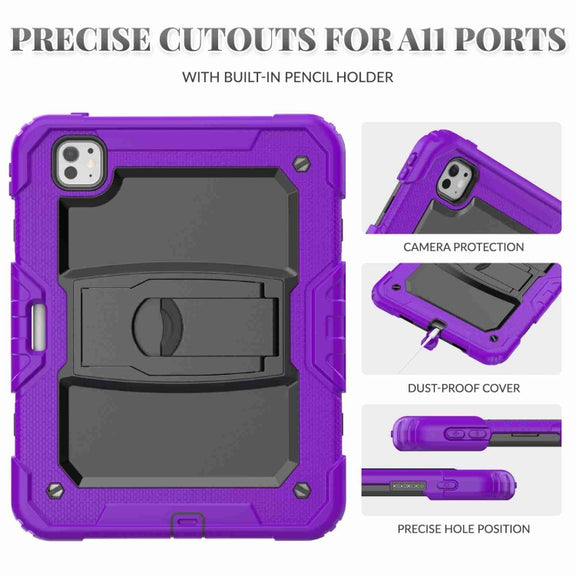 For iPad Pro 11 2024 Silicone Hydric PC Tablet Case with Shoulder Strap & Holder(Purple)