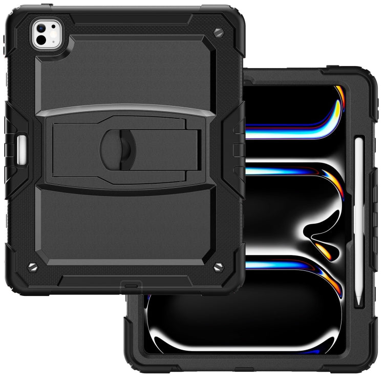 For iPad Pro 13 2024 Silicone Hydric PC Tablet Case with Shoulder Strap & Holder(Black)