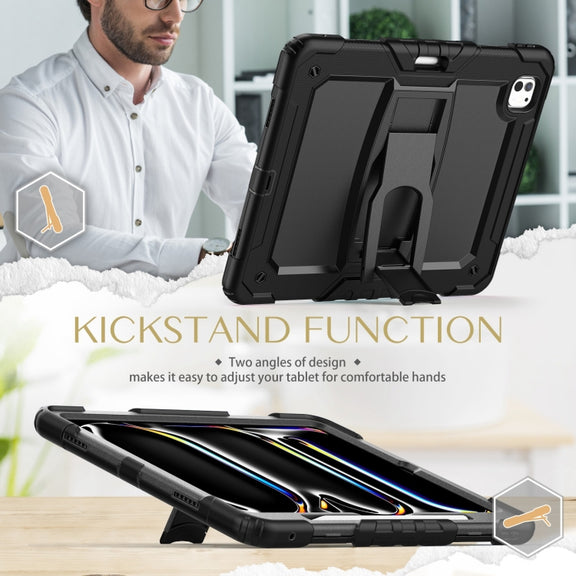 For iPad Pro 13 2024 Silicone Hydric PC Tablet Case with Shoulder Strap & Holder(Black)