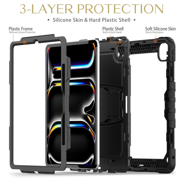 For iPad Pro 13 2024 Silicone Hydric PC Tablet Case with Shoulder Strap & Holder(Black)