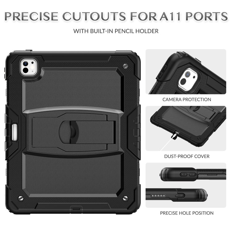 For iPad Pro 13 2024 Silicone Hydric PC Tablet Case with Shoulder Strap & Holder(Black)
