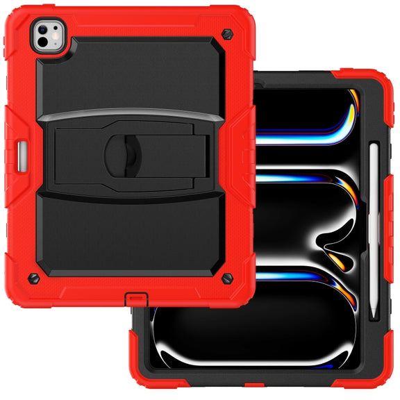 For iPad Pro 13 2024 Silicone Hydric PC Tablet Case with Shoulder Strap & Holder(Red)