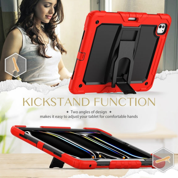 For iPad Pro 13 2024 Silicone Hydric PC Tablet Case with Shoulder Strap & Holder(Red)