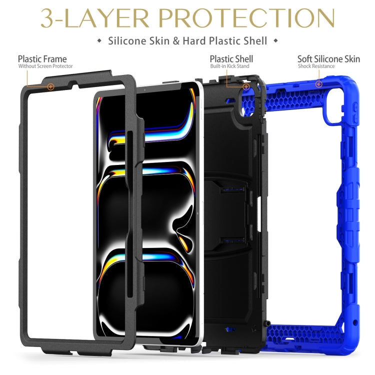 For iPad Pro 13 2024 Silicone Hydric PC Tablet Case with Shoulder Strap & Holder(Blue)