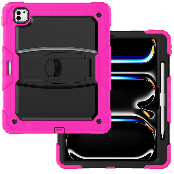 For iPad Pro 13 2024 Silicone Hydric PC Tablet Case with Shoulder Strap & Holder(Rose Red)