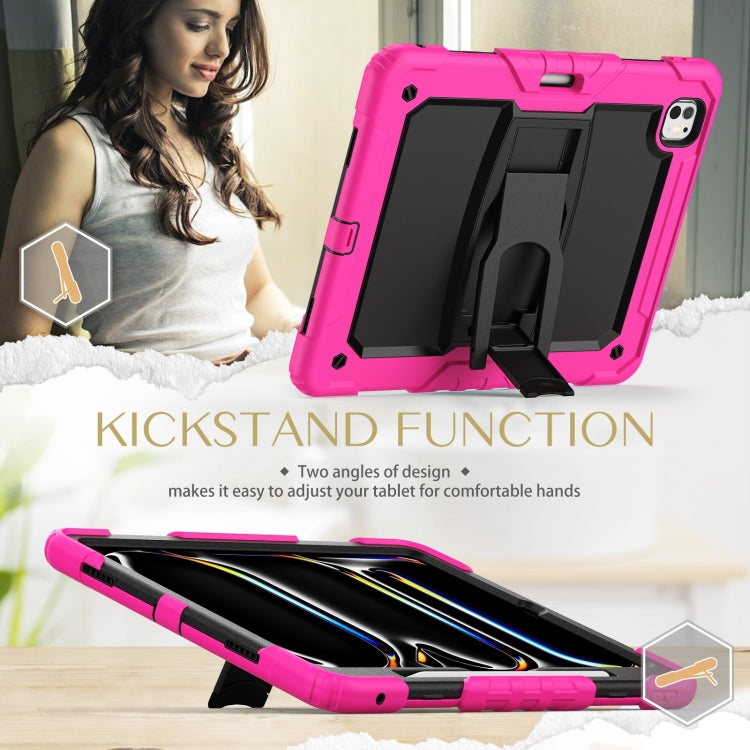For iPad Pro 13 2024 Silicone Hydric PC Tablet Case with Shoulder Strap & Holder(Rose Red)