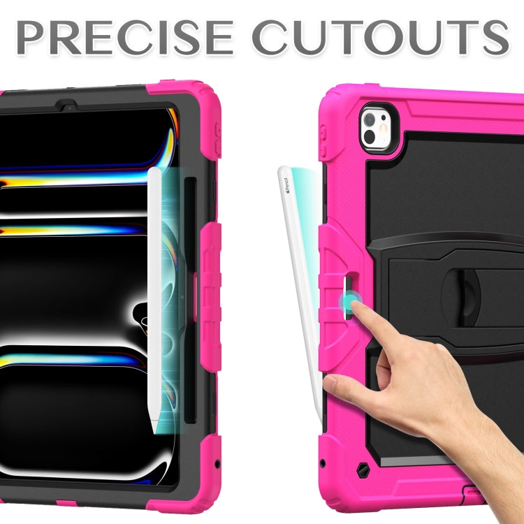 For iPad Pro 13 2024 Silicone Hydric PC Tablet Case with Shoulder Strap & Holder(Rose Red)