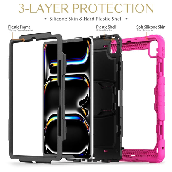 For iPad Pro 13 2024 Silicone Hydric PC Tablet Case with Shoulder Strap & Holder(Rose Red)