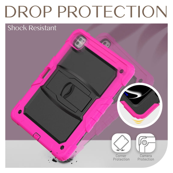 For iPad Pro 13 2024 Silicone Hydric PC Tablet Case with Shoulder Strap & Holder(Rose Red)