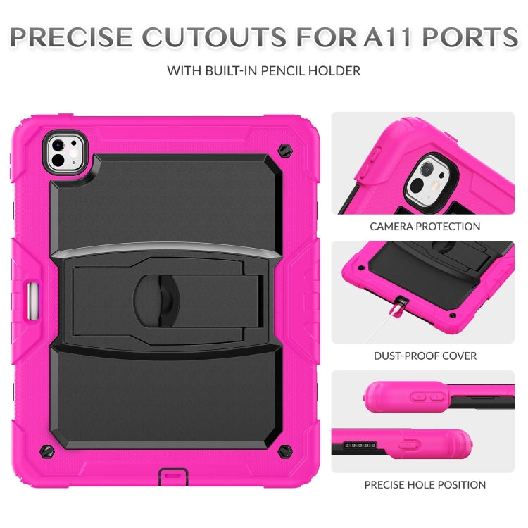 For iPad Pro 13 2024 Silicone Hydric PC Tablet Case with Shoulder Strap & Holder(Rose Red)
