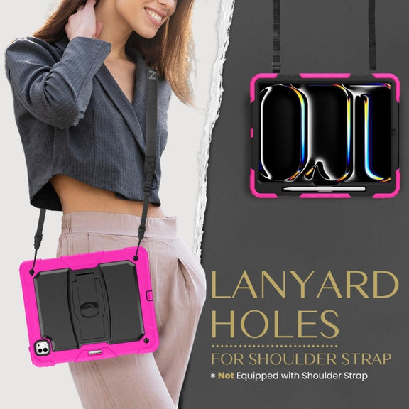 For iPad Pro 13 2024 Silicone Hydric PC Tablet Case with Shoulder Strap & Holder(Rose Red)