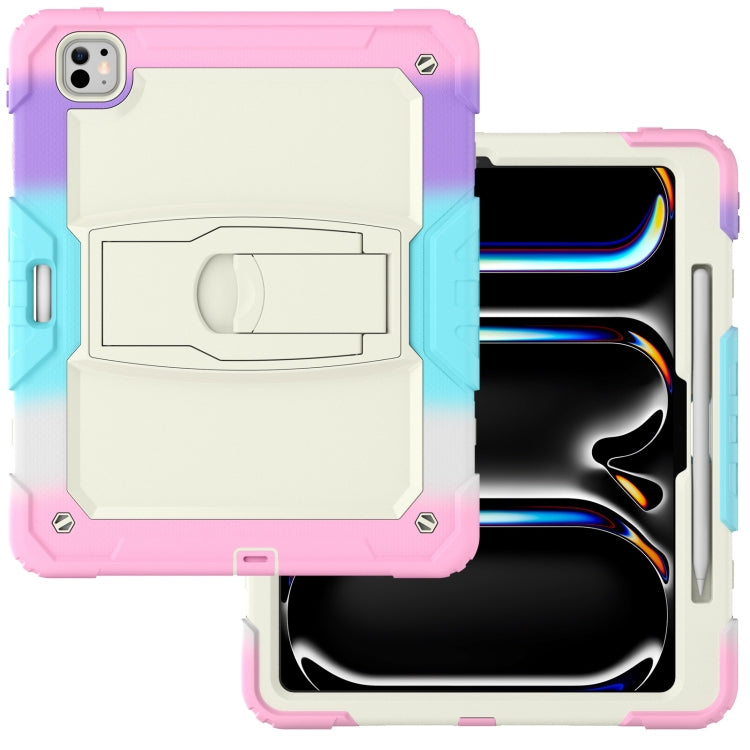 For iPad Pro 13 2024 Silicone Hydric PC Tablet Case with Shoulder Strap & Holder(Camouflage Pink)