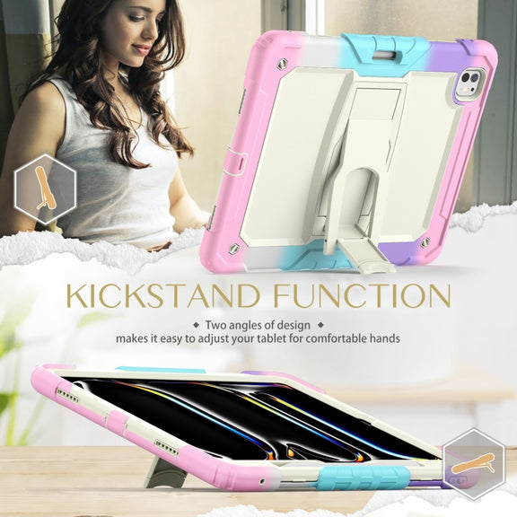 For iPad Pro 13 2024 Silicone Hydric PC Tablet Case with Shoulder Strap & Holder(Camouflage Pink)