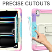 For iPad Pro 13 2024 Silicone Hydric PC Tablet Case with Shoulder Strap & Holder(Camouflage Pink)