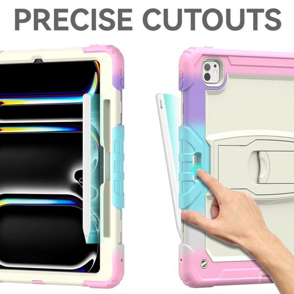 For iPad Pro 13 2024 Silicone Hydric PC Tablet Case with Shoulder Strap & Holder(Camouflage Pink)