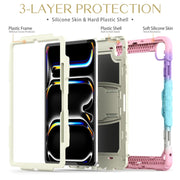 For iPad Pro 13 2024 Silicone Hydric PC Tablet Case with Shoulder Strap & Holder(Camouflage Pink)