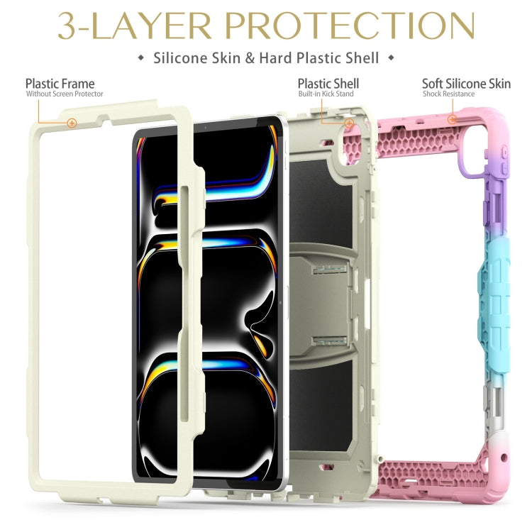 For iPad Pro 13 2024 Silicone Hydric PC Tablet Case with Shoulder Strap & Holder(Camouflage Pink)