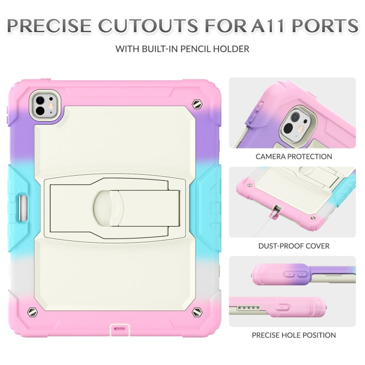 For iPad Pro 13 2024 Silicone Hydric PC Tablet Case with Shoulder Strap & Holder(Camouflage Pink)