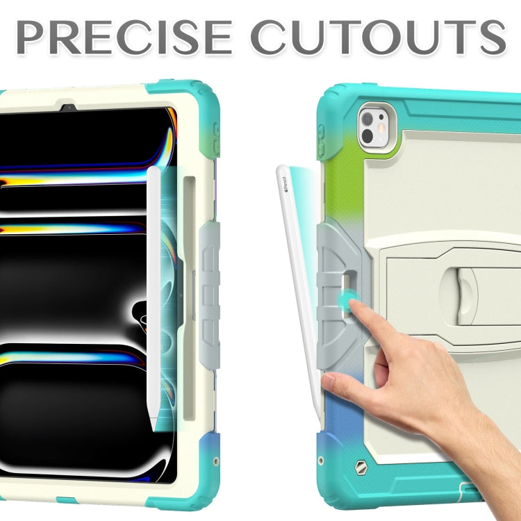 For iPad Pro 13 2024 Silicone Hydric PC Tablet Case with Shoulder Strap & Holder(Camouflage Light Blue)