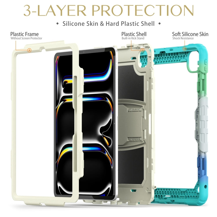 For iPad Pro 13 2024 Silicone Hydric PC Tablet Case with Shoulder Strap & Holder(Camouflage Light Blue)