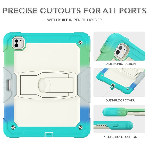 For iPad Pro 13 2024 Silicone Hydric PC Tablet Case with Shoulder Strap & Holder(Camouflage Light Blue)