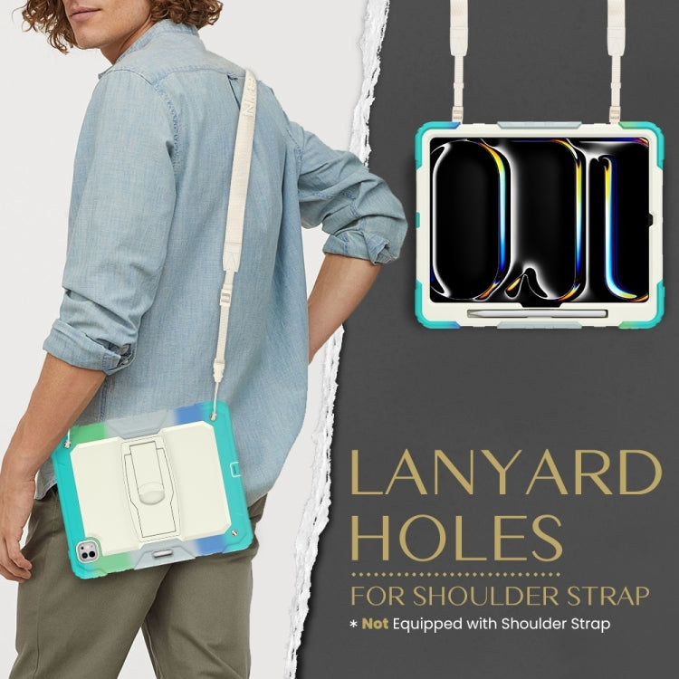 For iPad Pro 13 2024 Silicone Hydric PC Tablet Case with Shoulder Strap & Holder(Camouflage Light Blue)