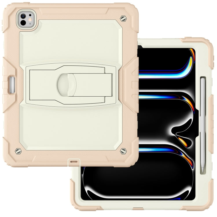 For iPad Pro 13 2024 Silicone Hydric PC Tablet Case with Shoulder Strap & Holder(Beige Rose Gold)