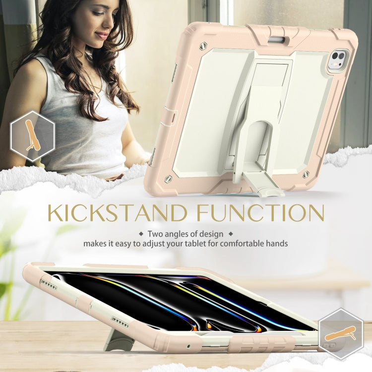 For iPad Pro 13 2024 Silicone Hydric PC Tablet Case with Shoulder Strap & Holder(Beige Rose Gold)