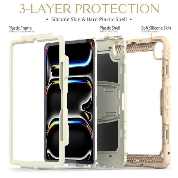 For iPad Pro 13 2024 Silicone Hydric PC Tablet Case with Shoulder Strap & Holder(Beige Rose Gold)