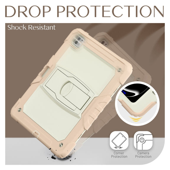 For iPad Pro 13 2024 Silicone Hydric PC Tablet Case with Shoulder Strap & Holder(Beige Rose Gold)